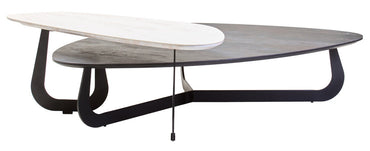 Grey and White Marble Effect Ceramic Tops Large 2-Tier Asymmetrical Coffee Table with Black Metal Base | Imperia