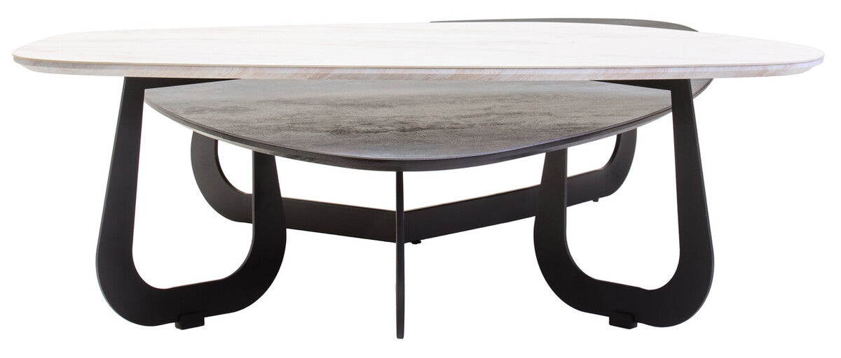 Grey and White Marble Effect Ceramic Tops Large 2-Tier Asymmetrical Coffee Table with Black Metal Base | Imperia