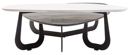 Grey and White Marble Effect Ceramic Tops Large 2-Tier Asymmetrical Coffee Table with Black Metal Base | Imperia