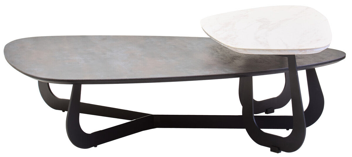 Grey and White Marble Effect Ceramic Tops Large 2-Tier Asymmetrical Coffee Table with Black Metal Base | Imperia