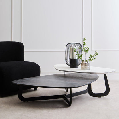 Grey and White Marble Effect Ceramic Tops Large 2-Tier Asymmetrical Coffee Table with Black Metal Base | Imperia