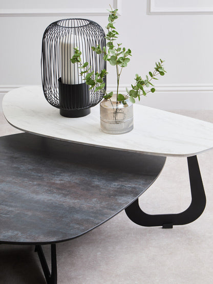 Grey and White Marble Effect Ceramic Tops Large 2-Tier Asymmetrical Coffee Table with Black Metal Base | Imperia
