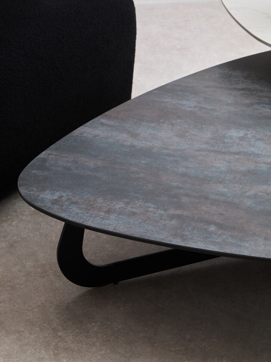 Grey and White Marble Effect Ceramic Tops Large 2-Tier Asymmetrical Coffee Table with Black Metal Base | Imperia
