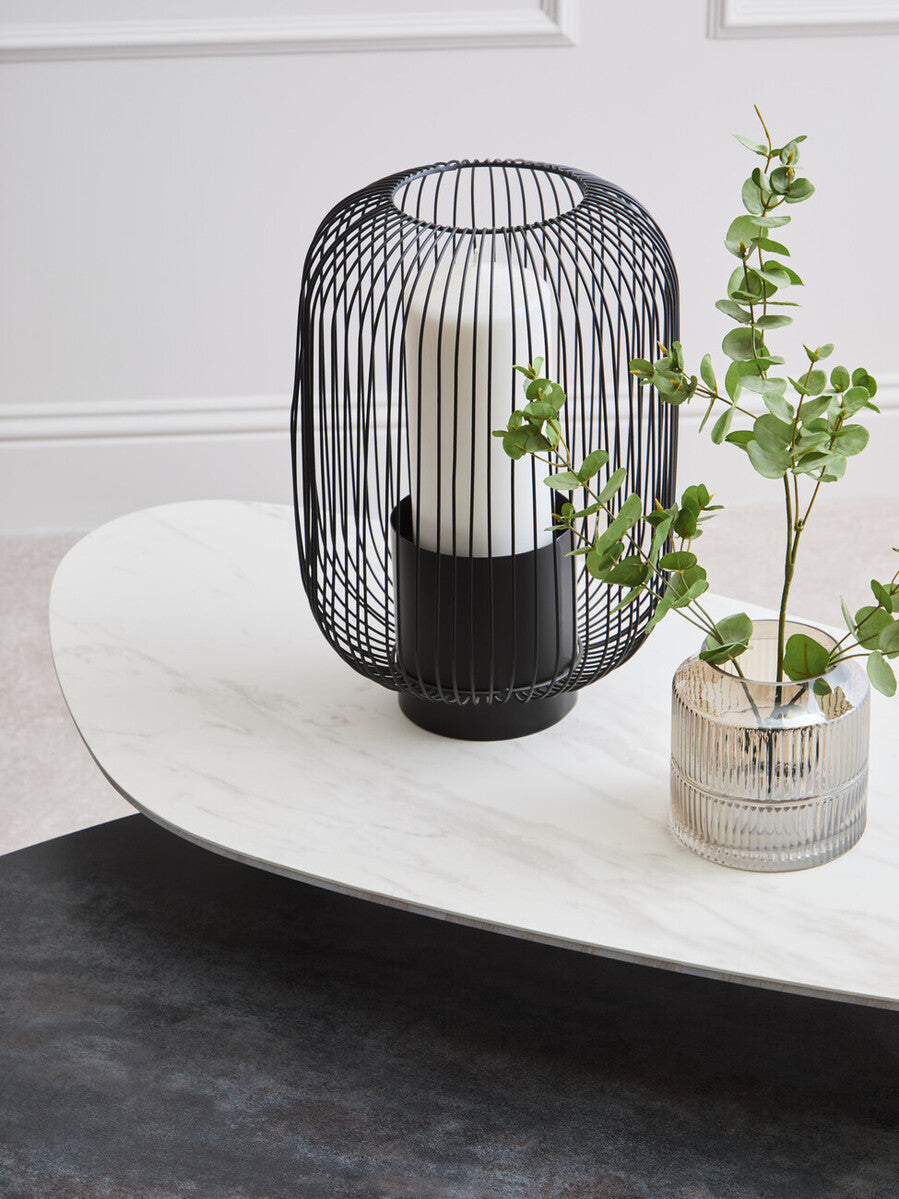Grey and White Marble Effect Ceramic Tops Large 2-Tier Asymmetrical Coffee Table with Black Metal Base | Imperia