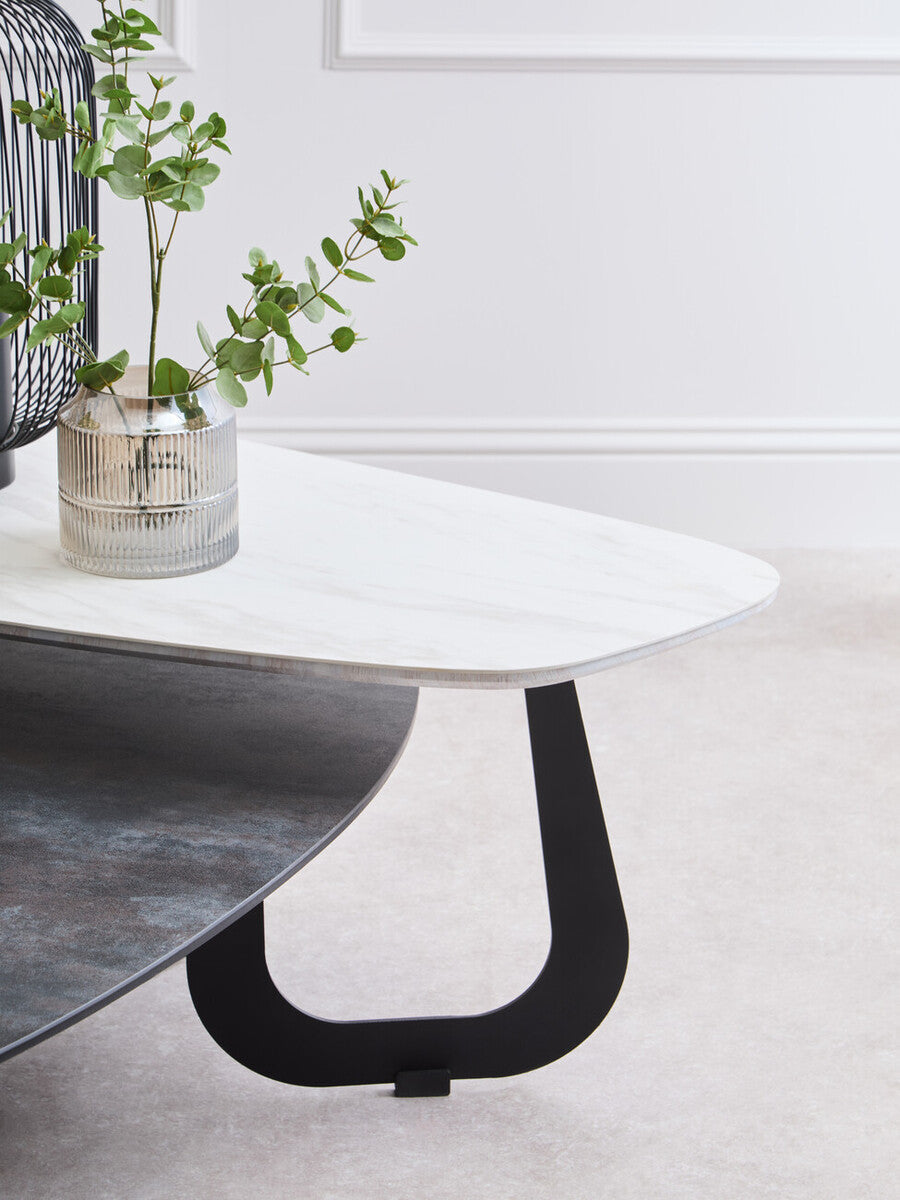 Grey and White Marble Effect Ceramic Tops Large 2-Tier Asymmetrical Coffee Table with Black Metal Base | Imperia