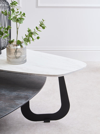 Grey and White Marble Effect Ceramic Tops Large 2-Tier Asymmetrical Coffee Table with Black Metal Base | Imperia