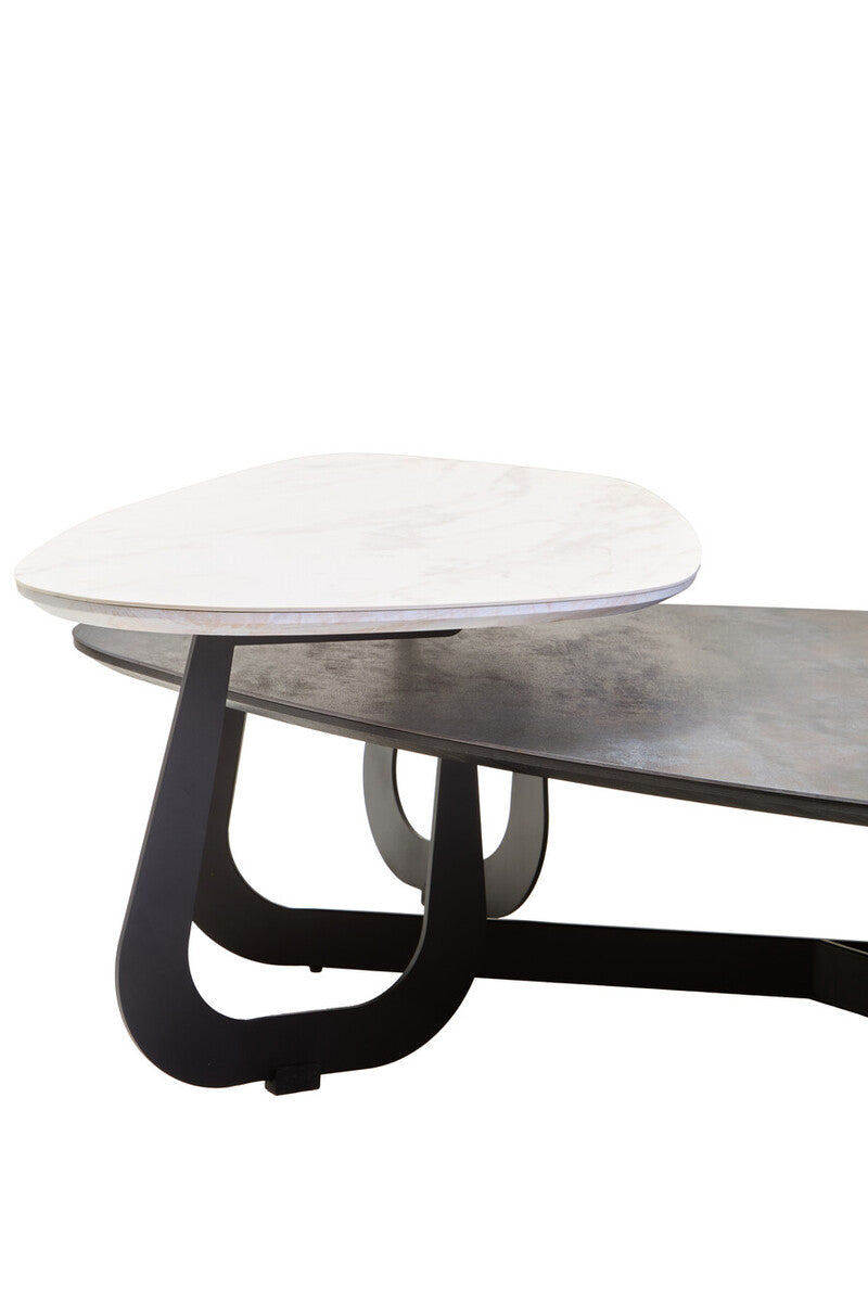 Grey and White Marble Effect Ceramic Tops Large 2-Tier Asymmetrical Coffee Table with Black Metal Base | Imperia