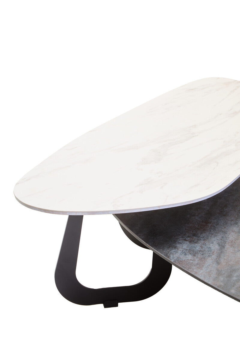 Grey and White Marble Effect Ceramic Tops Large 2-Tier Asymmetrical Coffee Table with Black Metal Base | Imperia