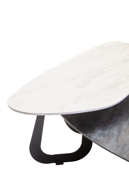 Grey and White Marble Effect Ceramic Tops Large 2-Tier Asymmetrical Coffee Table with Black Metal Base | Imperia