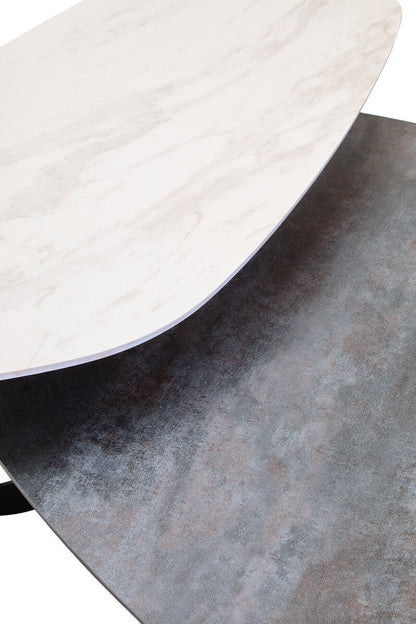 Grey and White Marble Effect Ceramic Tops Large 2-Tier Asymmetrical Coffee Table with Black Metal Base | Imperia