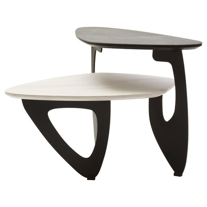 Grey and White Marble Effect Ceramic Tops Small 2-Tier Asymmetrical Coffee Table with Black Metal Base | Imperia
