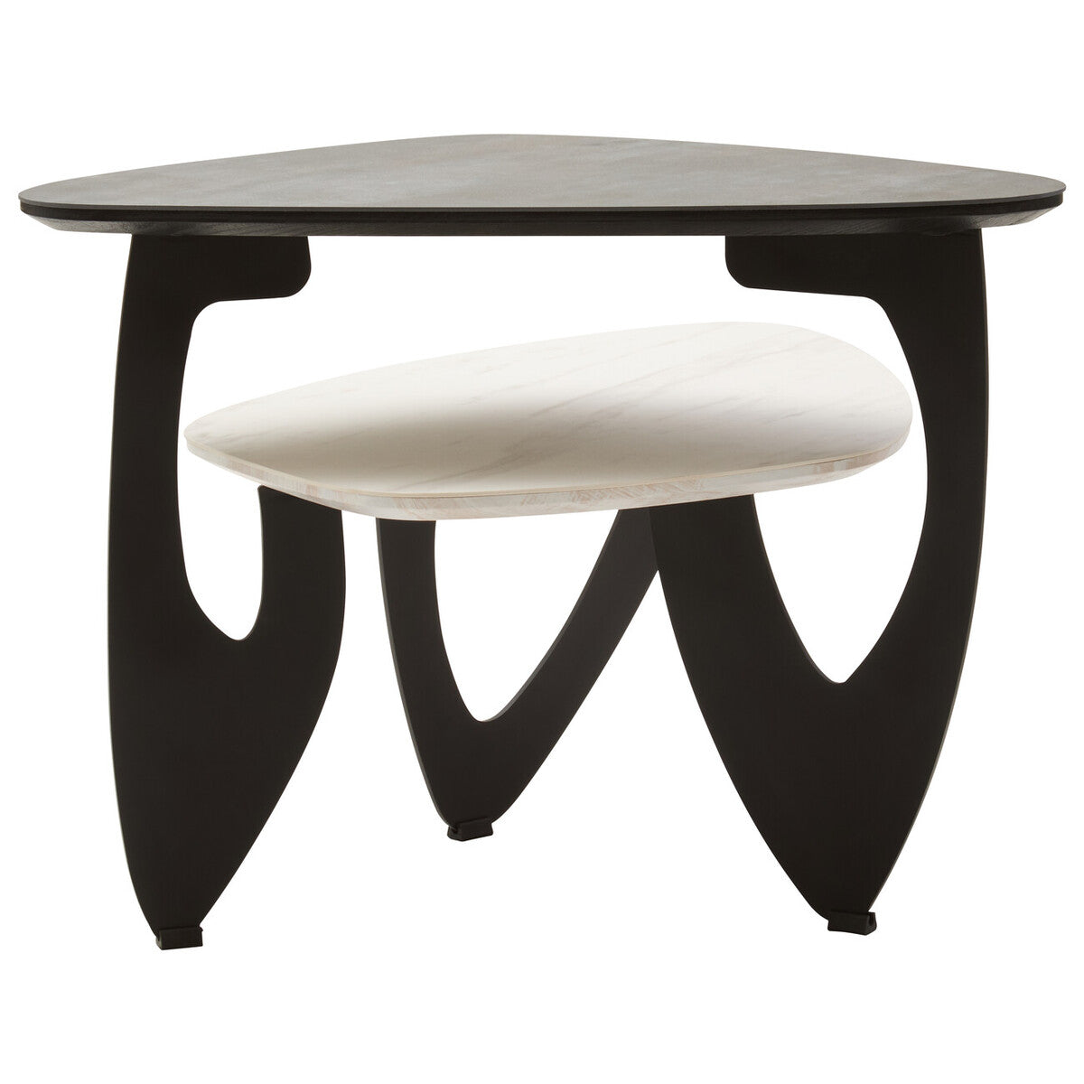 Grey and White Marble Effect Ceramic Tops Small 2-Tier Asymmetrical Coffee Table with Black Metal Base | Imperia
