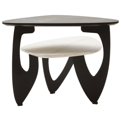 Grey and White Marble Effect Ceramic Tops Small 2-Tier Asymmetrical Coffee Table with Black Metal Base | Imperia