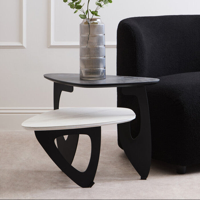 Grey and White Marble Effect Ceramic Tops Small 2-Tier Asymmetrical Coffee Table with Black Metal Base | Imperia