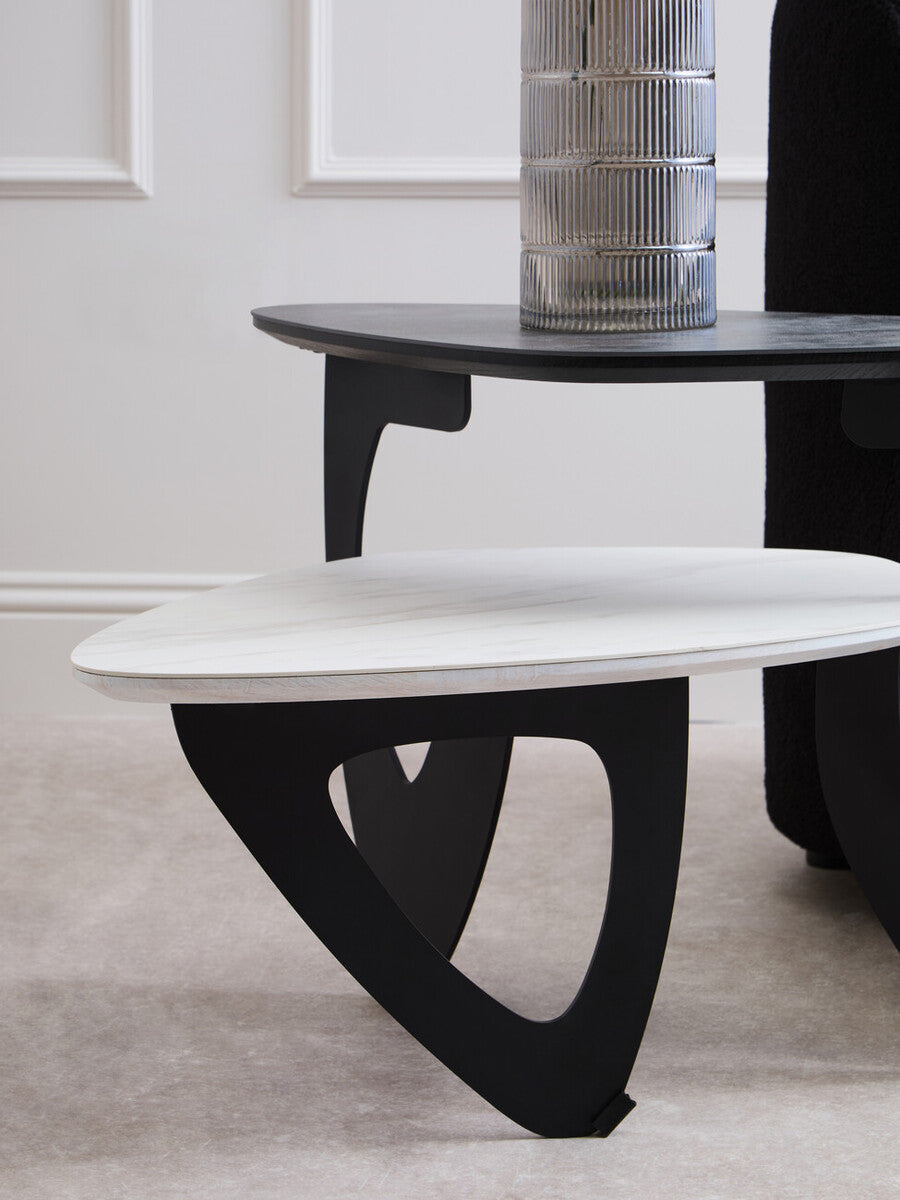 Grey and White Marble Effect Ceramic Tops Small 2-Tier Asymmetrical Coffee Table with Black Metal Base | Imperia