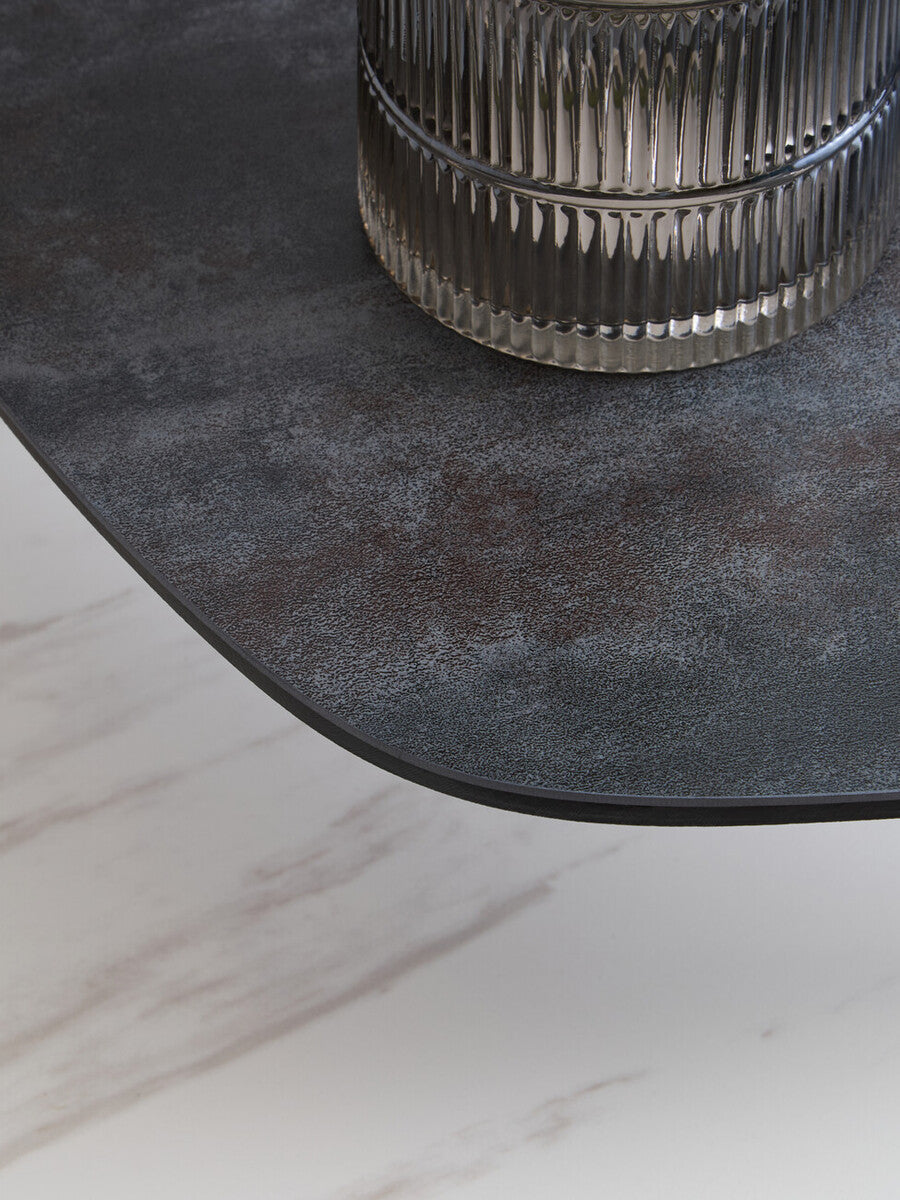 Grey and White Marble Effect Ceramic Tops Small 2-Tier Asymmetrical Coffee Table with Black Metal Base | Imperia