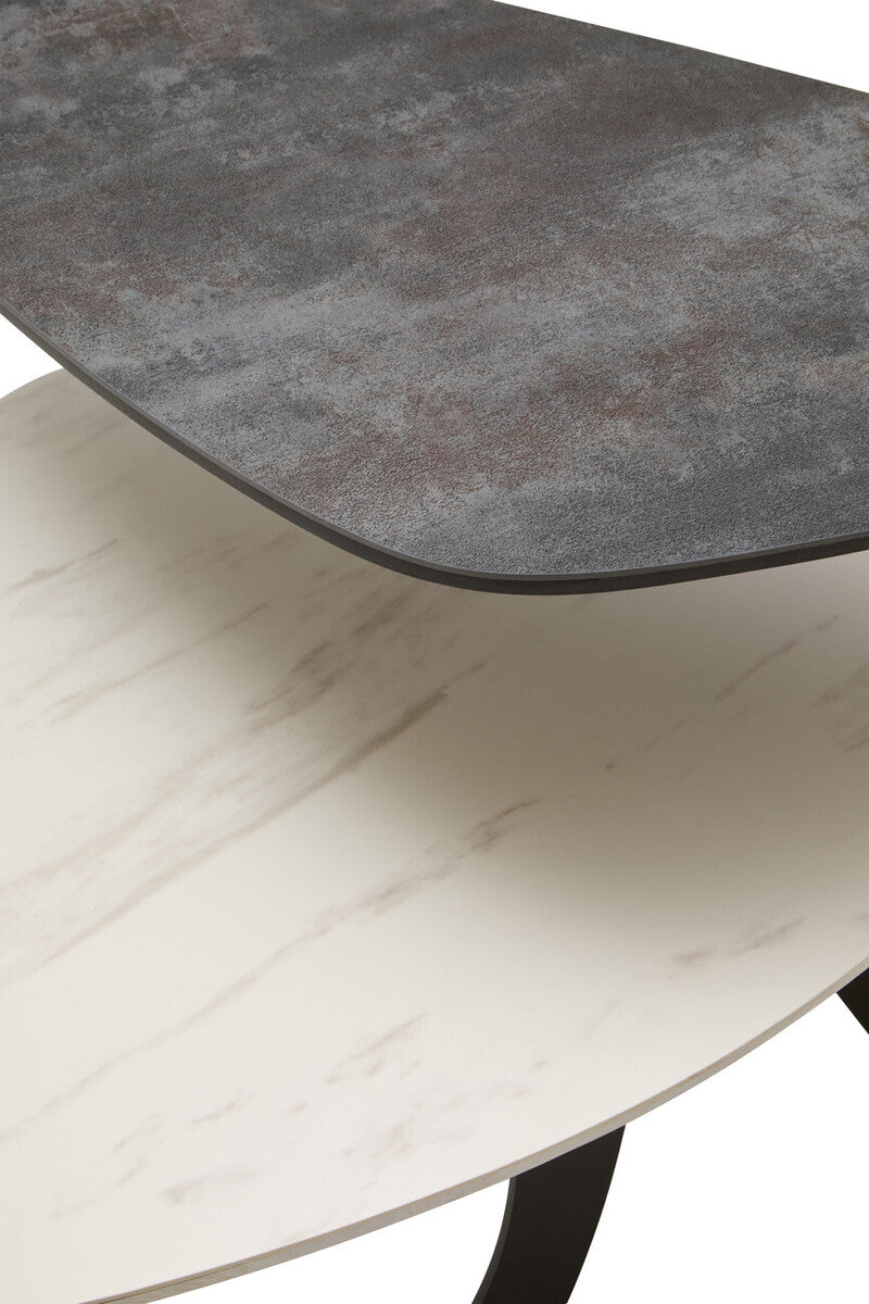 Grey and White Marble Effect Ceramic Tops Small 2-Tier Asymmetrical Coffee Table with Black Metal Base | Imperia
