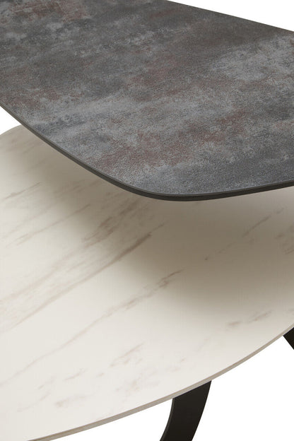 Grey and White Marble Effect Ceramic Tops Small 2-Tier Asymmetrical Coffee Table with Black Metal Base | Imperia