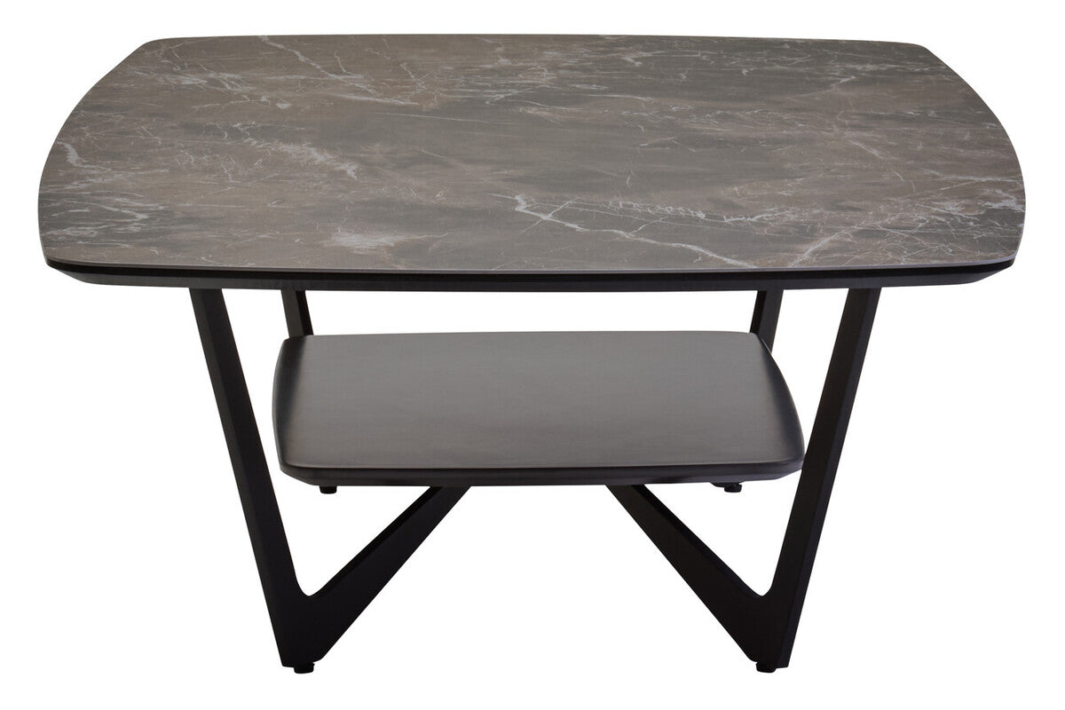 Grey Marble Effect Ceramic Top Coffee Table with Black Metal Legs and Lower Shelf | Imperia