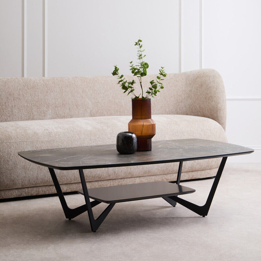 Grey Marble Effect Ceramic Top Coffee Table with Black Metal Legs and Lower Shelf | Imperia