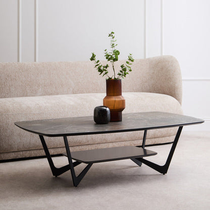 Grey Marble Effect Ceramic Top Coffee Table with Black Metal Legs and Lower Shelf | Imperia