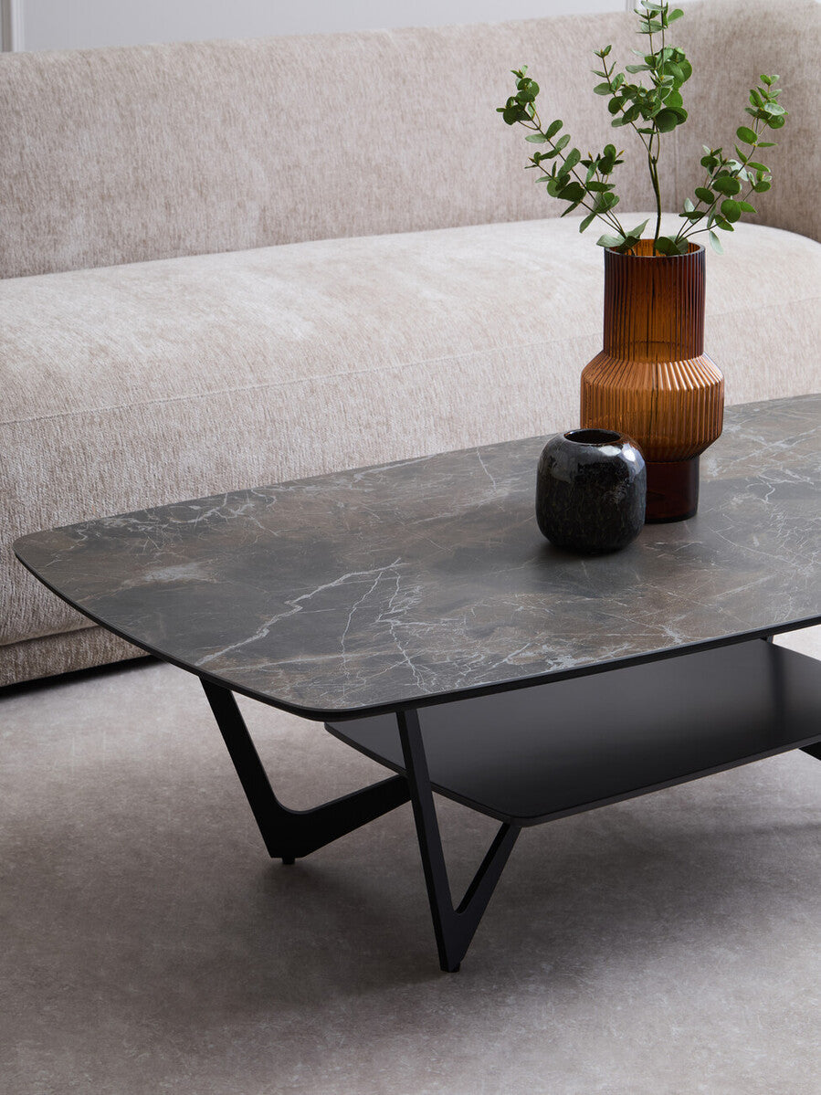 Grey Marble Effect Ceramic Top Coffee Table with Black Metal Legs and Lower Shelf | Imperia