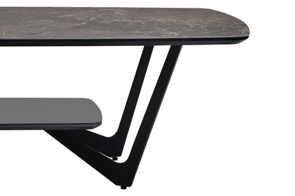 Grey Marble Effect Ceramic Top Coffee Table with Black Metal Legs and Lower Shelf | Imperia