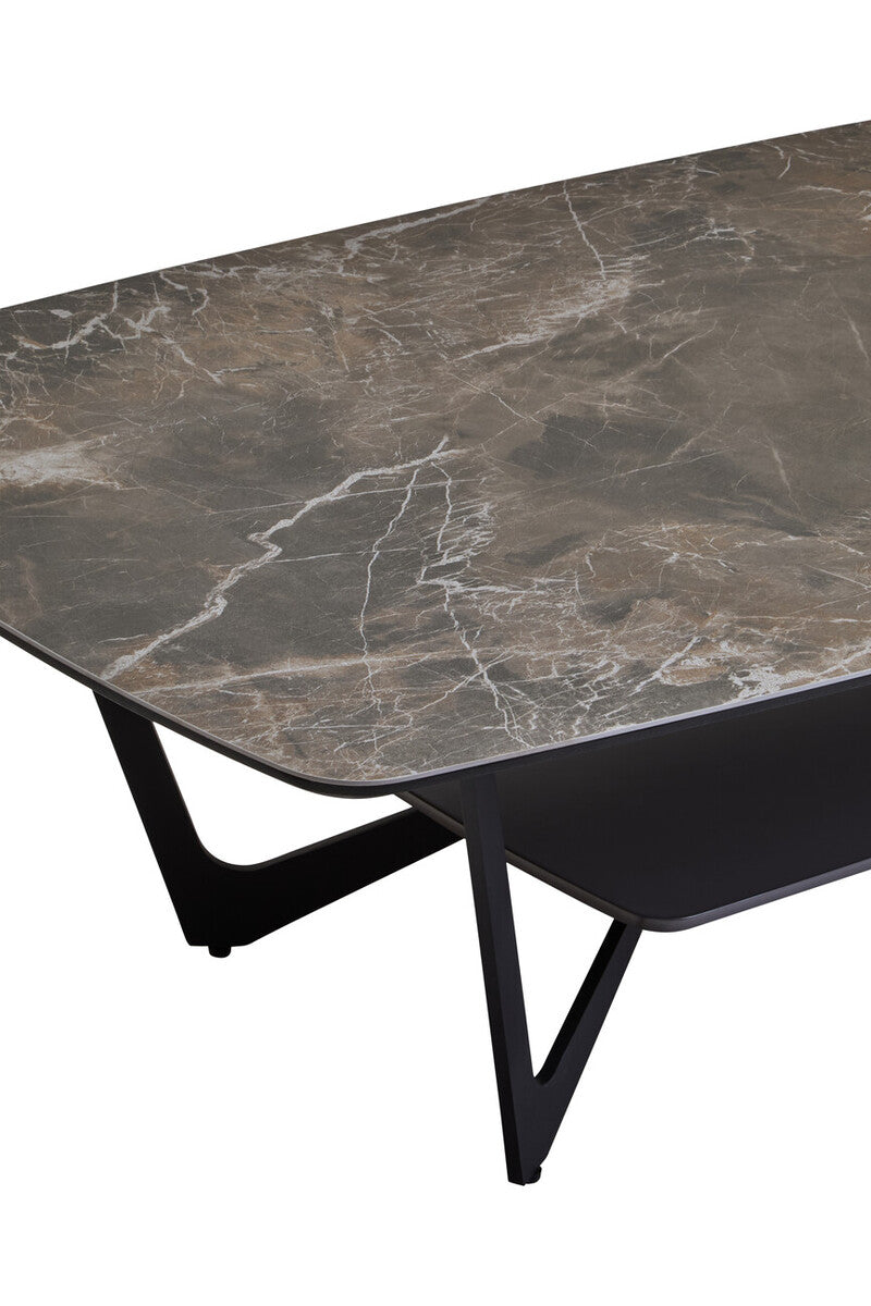 Grey Marble Effect Ceramic Top Coffee Table with Black Metal Legs and Lower Shelf | Imperia