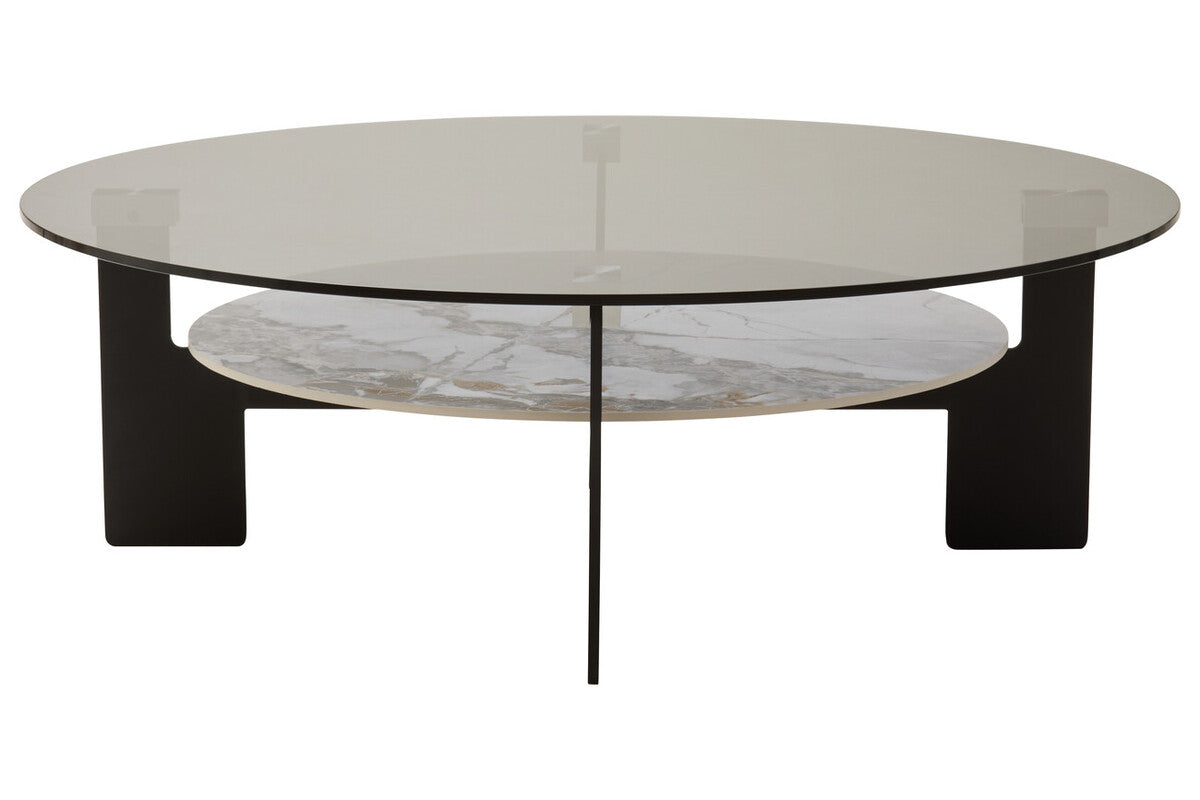 Grey Glass Large Round Top Coffee Table with Marble Effect Ceramic Lower Shelf and Black Metal Frame | Imperia