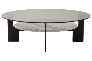 Grey Glass Large Round Top Coffee Table with Marble Effect Ceramic Lower Shelf and Black Metal Frame | Imperia