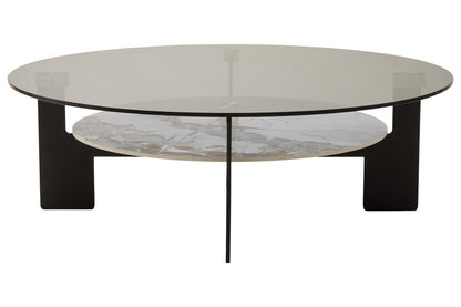 Grey Glass Large Round Top Coffee Table with Marble Effect Ceramic Lower Shelf and Black Metal Frame | Imperia