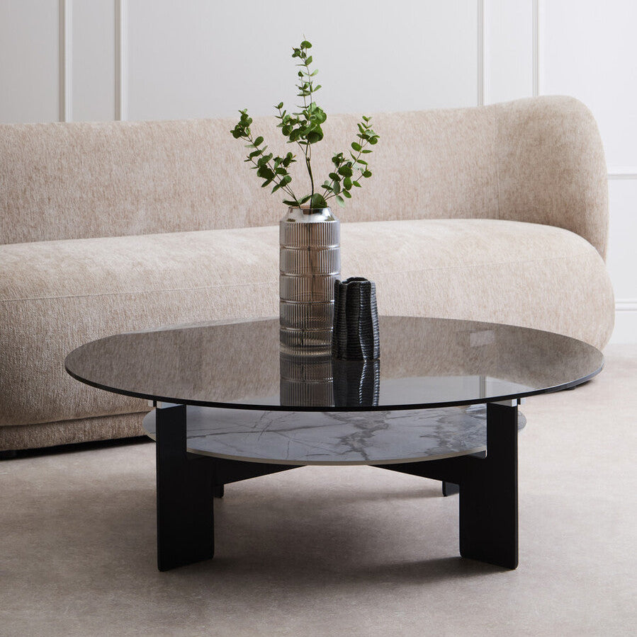 Grey Glass Large Round Top Coffee Table with Marble Effect Ceramic Lower Shelf and Black Metal Frame | Imperia