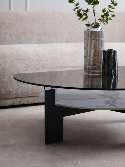 Grey Glass Large Round Top Coffee Table with Marble Effect Ceramic Lower Shelf and Black Metal Frame | Imperia