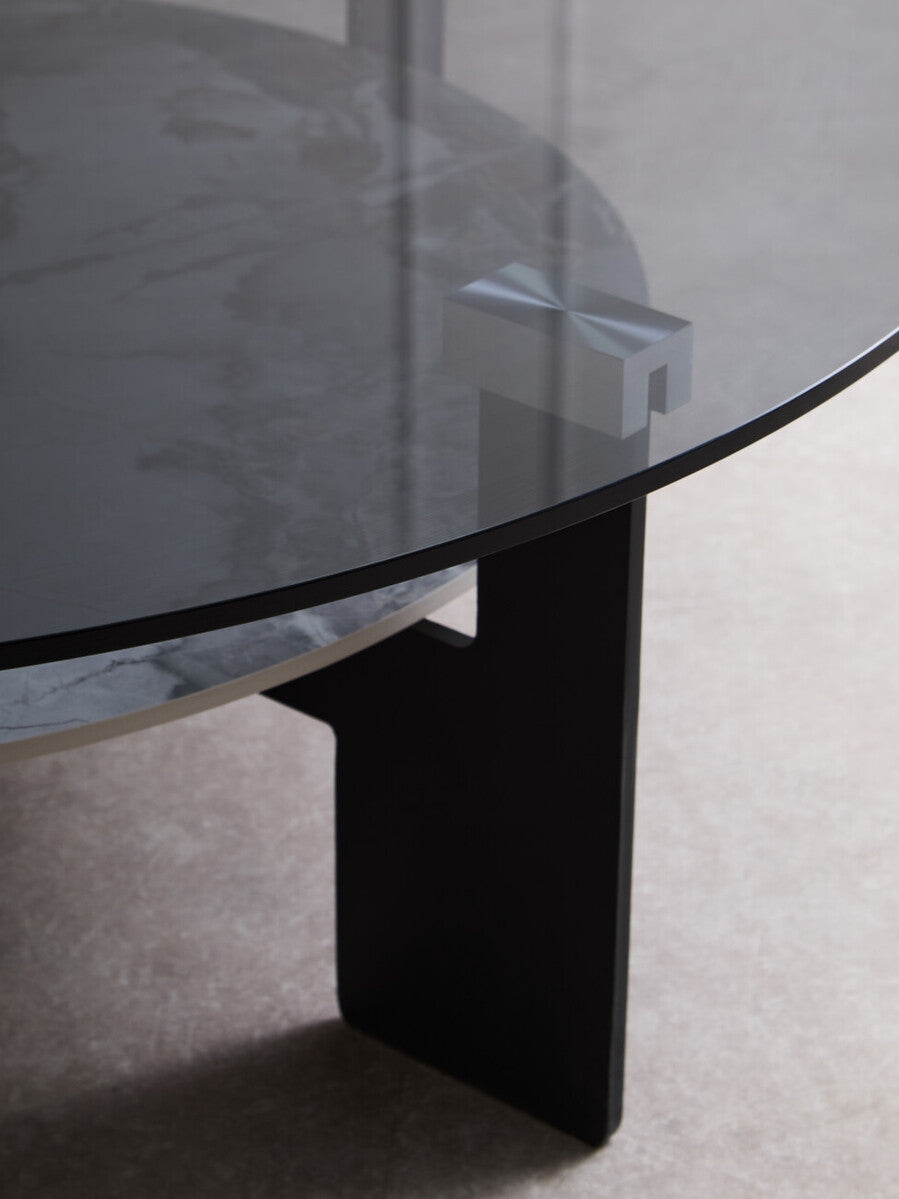 Grey Glass Large Round Top Coffee Table with Marble Effect Ceramic Lower Shelf and Black Metal Frame | Imperia