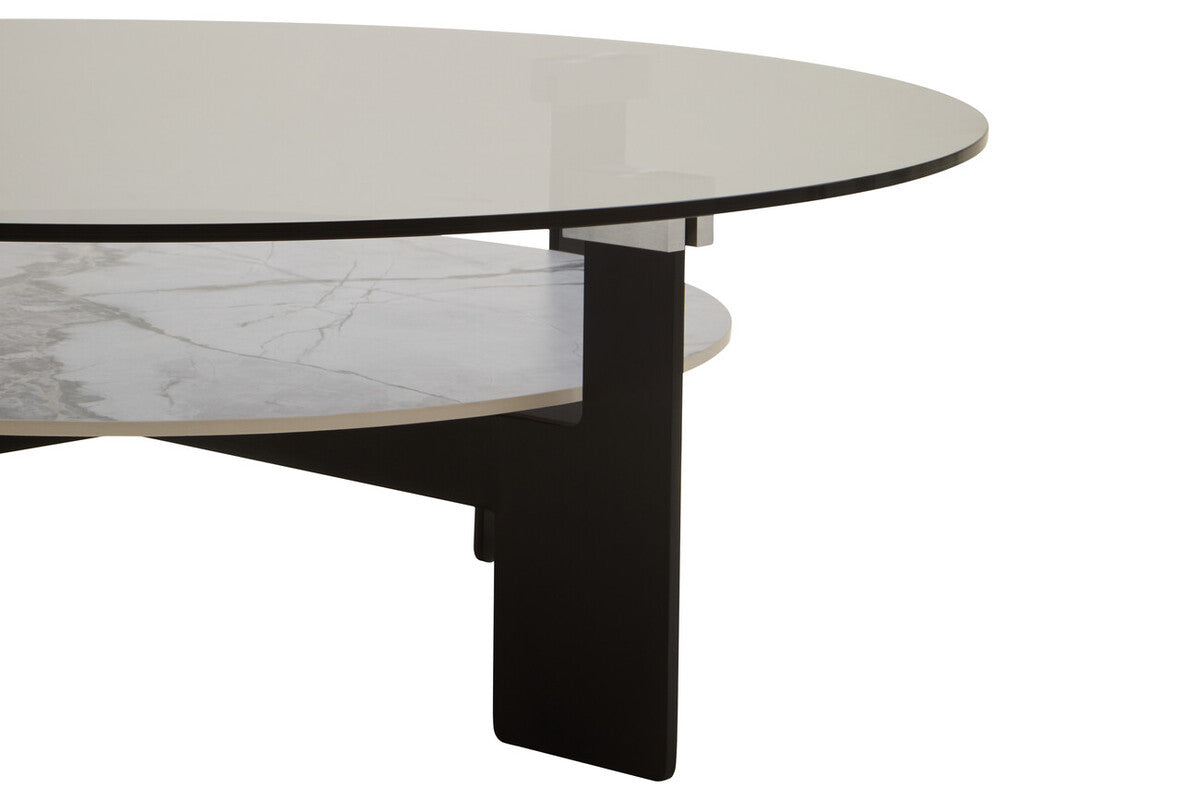 Grey Glass Large Round Top Coffee Table with Marble Effect Ceramic Lower Shelf and Black Metal Frame | Imperia