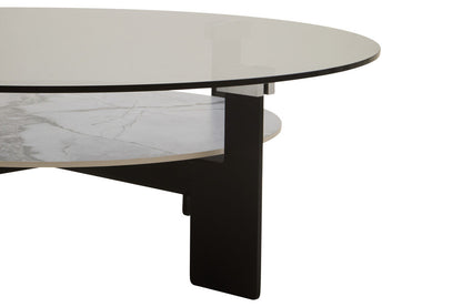 Grey Glass Large Round Top Coffee Table with Marble Effect Ceramic Lower Shelf and Black Metal Frame | Imperia