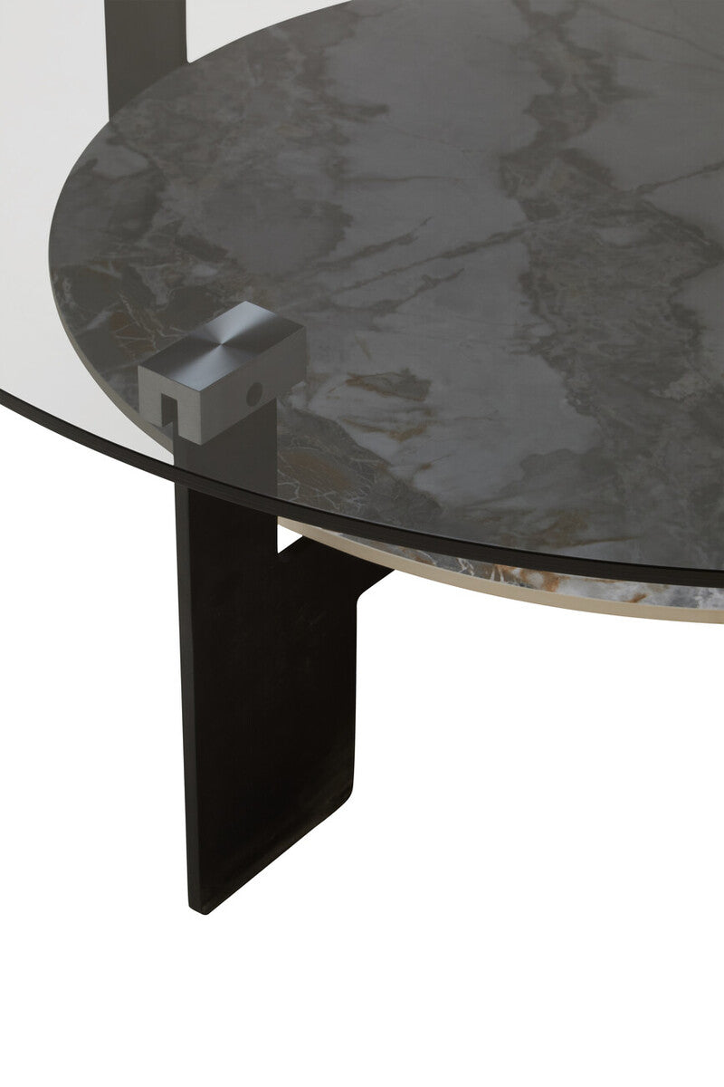 Grey Glass Large Round Top Coffee Table with Marble Effect Ceramic Lower Shelf and Black Metal Frame | Imperia