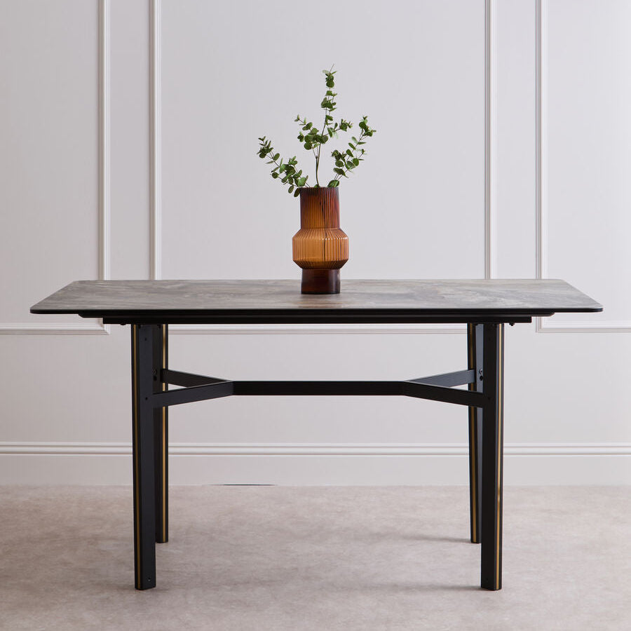 Grey Marble Effect Ceramic Top Dining Table with Black Metal Legs and Gold Detail | Imperia