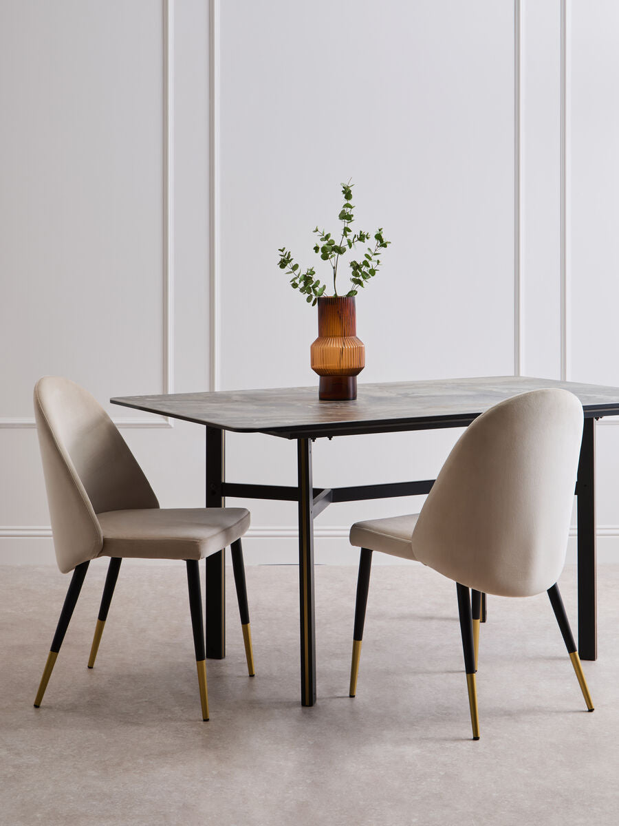 Grey Marble Effect Ceramic Top Dining Table with Black Metal Legs and Gold Detail | Imperia