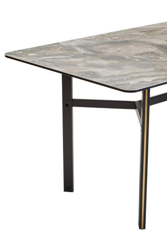 Grey Marble Effect Ceramic Top Dining Table with Black Metal Legs and Gold Detail | Imperia