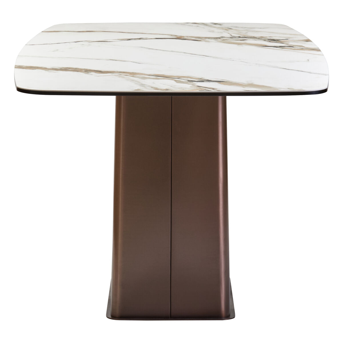 White Marble Effect Ceramic Rectangular Dining Table with Brushed Bronze Steel Column Base | Imperia