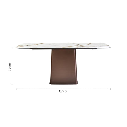 White Marble Effect Ceramic Rectangular Dining Table with Brushed Bronze Steel Column Base | Imperia