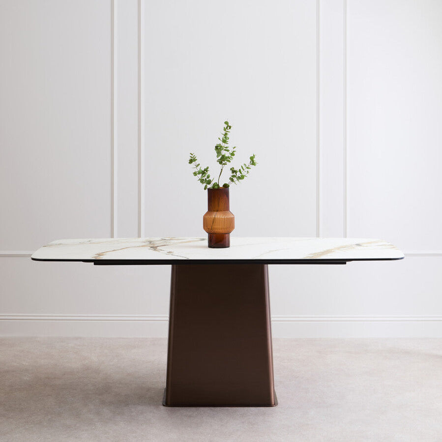 White Marble Effect Ceramic Rectangular Dining Table with Brushed Bronze Steel Column Base | Imperia