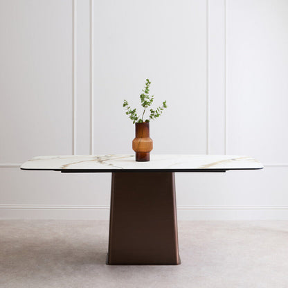 White Marble Effect Ceramic Rectangular Dining Table with Brushed Bronze Steel Column Base | Imperia