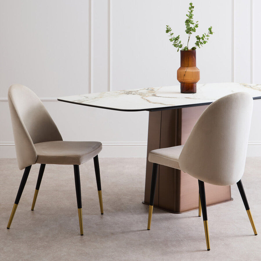 White Marble Effect Ceramic Rectangular Dining Table with Brushed Bronze Steel Column Base | Imperia