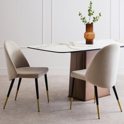 White Marble Effect Ceramic Rectangular Dining Table with Brushed Bronze Steel Column Base | Imperia
