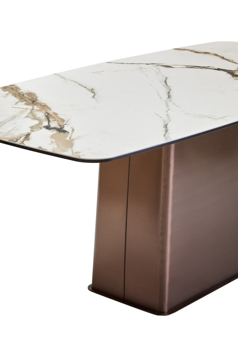 White Marble Effect Ceramic Rectangular Dining Table with Brushed Bronze Steel Column Base | Imperia