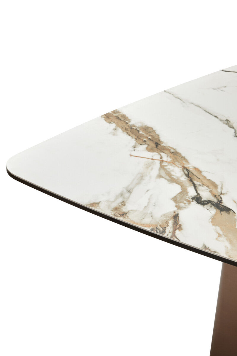 White Marble Effect Ceramic Rectangular Dining Table with Brushed Bronze Steel Column Base | Imperia