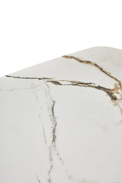 White Marble Effect Ceramic Rectangular Dining Table with Brushed Bronze Steel Column Base | Imperia