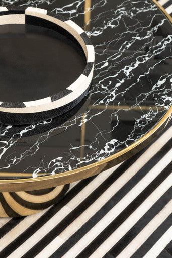 Black Marble Effect Glass Top Coffee Table with Gold Finish Base | Oria